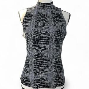 Vintage Y2K Black White Abstract Sleeveless Mockneck Stretch Blouse Sz L